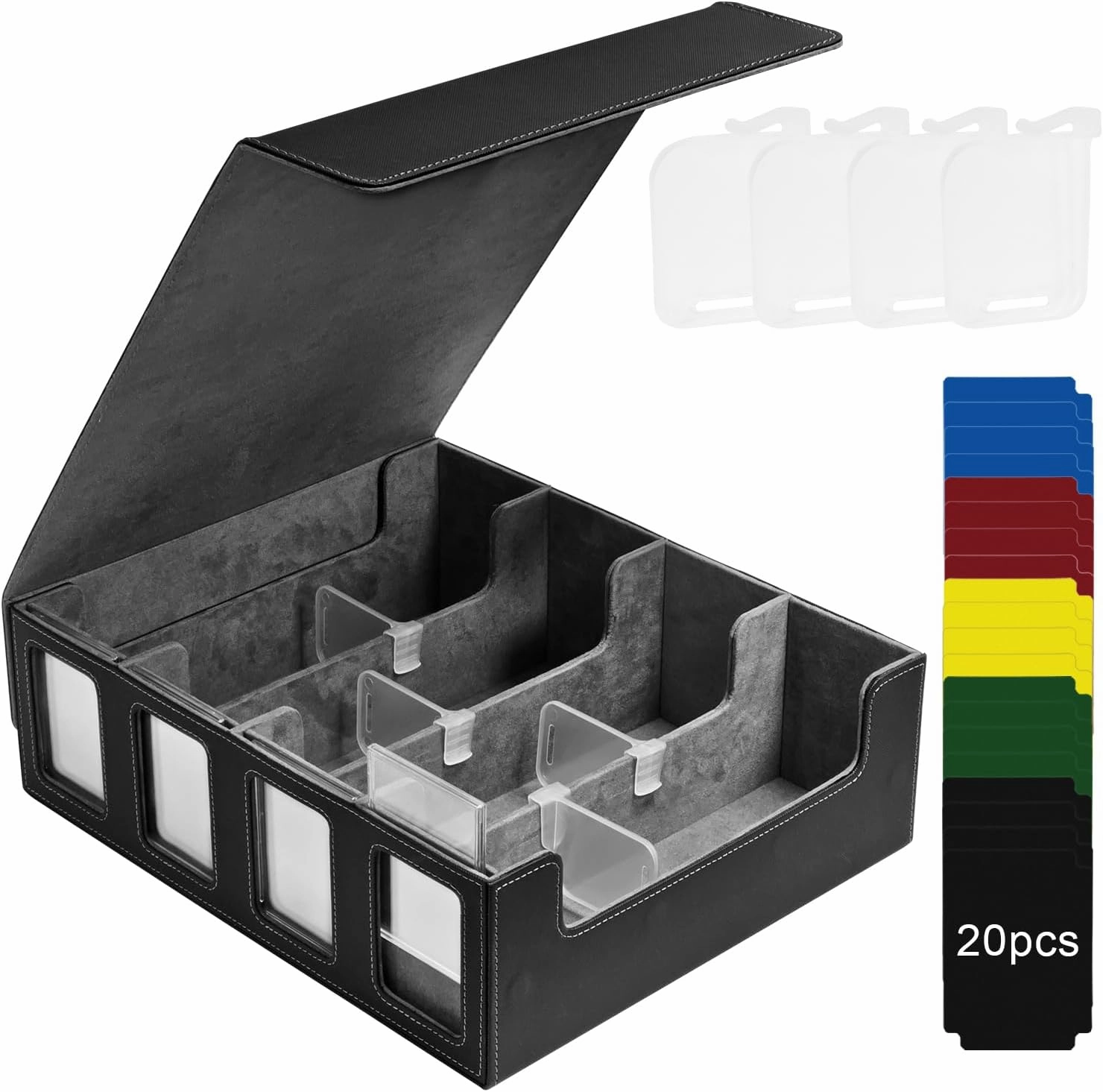 4 Row Trading Card Storage Box, 3000  MTG Card Organizer with 20 Dividers & 4 Supporters for Game Sport Cards (Black/Gray)