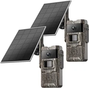 4G LTE Cellular Trail Cameras 2 Packs Unlimited Data Plan Solar Trail Cameras Built in SIM Card Game Camera IP65 Waterproof Security Camera with 2K Live Video, No Glow Night Vision