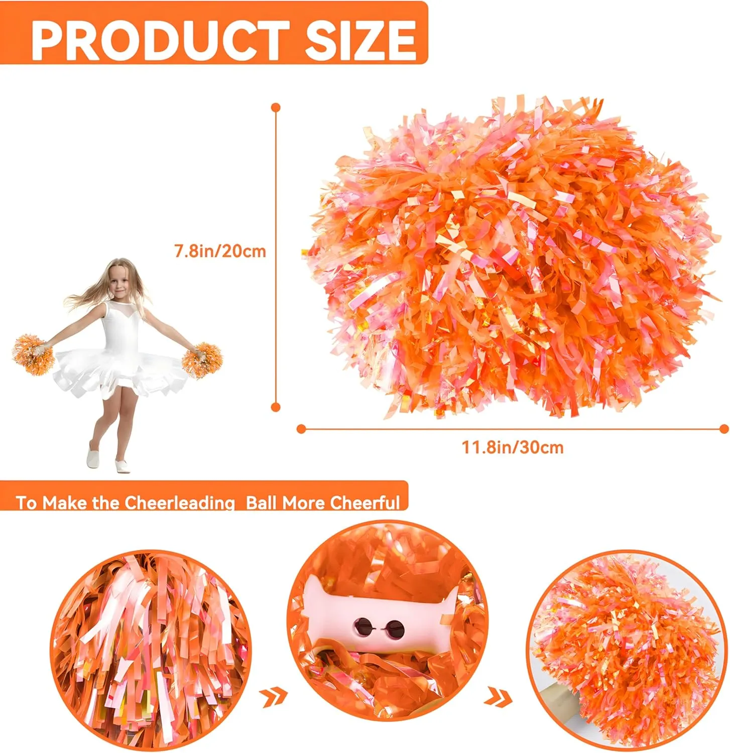 4Pcs Cheerleading Pom Poms for Kids, 2 Pair Cheerleader Pompoms with Baton Handle, Squad Pompoms for Boy Girl Adults School Team Spirit Sports Cheering Game