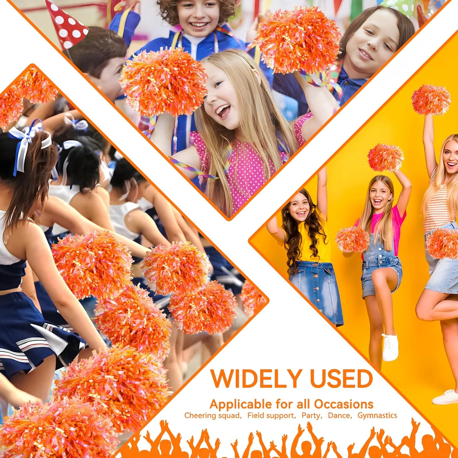 4Pcs Cheerleading Pom Poms for Kids, 2 Pair Cheerleader Pompoms with Baton Handle, Squad Pompoms for Boy Girl Adults School Team Spirit Sports Cheering Game