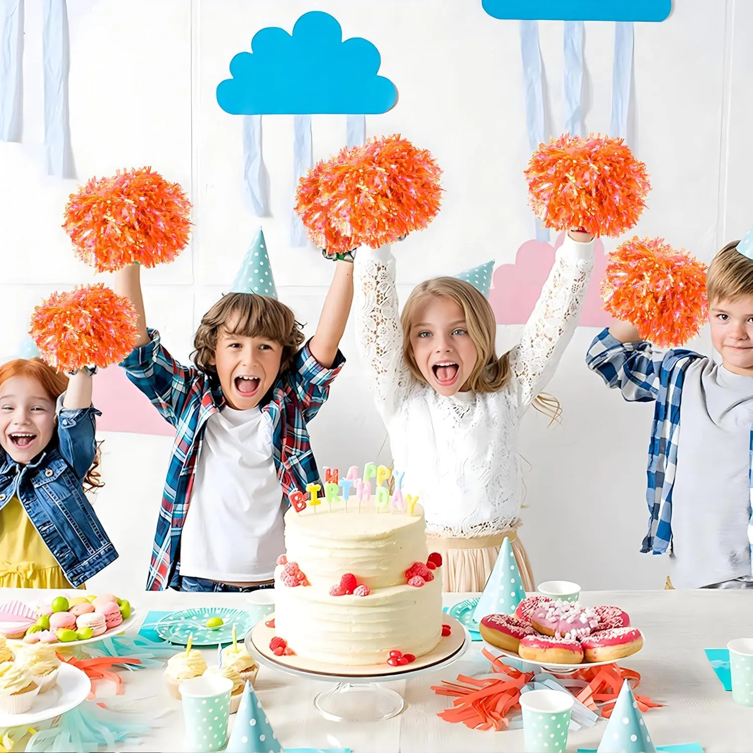 4Pcs Cheerleading Pom Poms for Kids, 2 Pair Cheerleader Pompoms with Baton Handle, Squad Pompoms for Boy Girl Adults School Team Spirit Sports Cheering Game