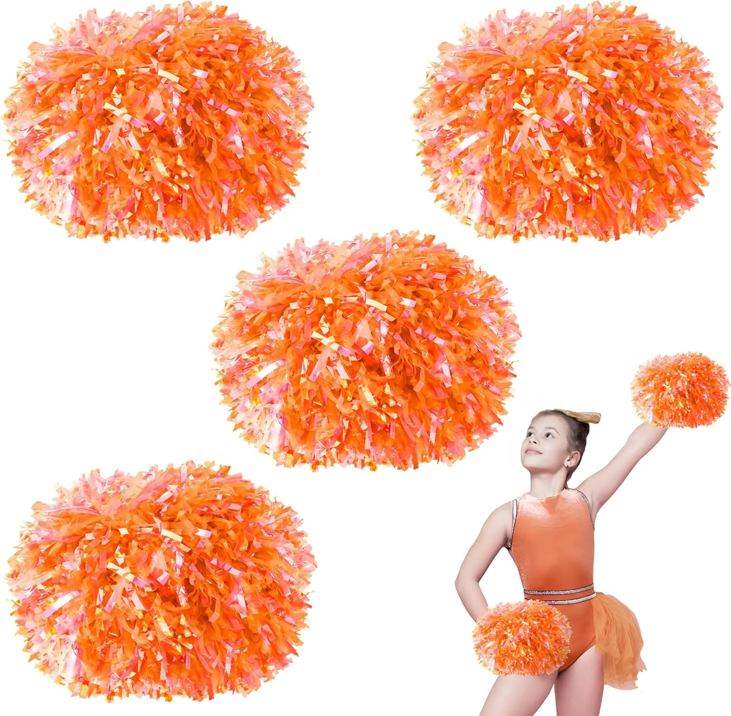 4Pcs Cheerleading Pom Poms for Kids, 2 Pair Cheerleader Pompoms with Baton Handle, Squad Pompoms for Boy Girl Adults School Team Spirit Sports Cheering Game