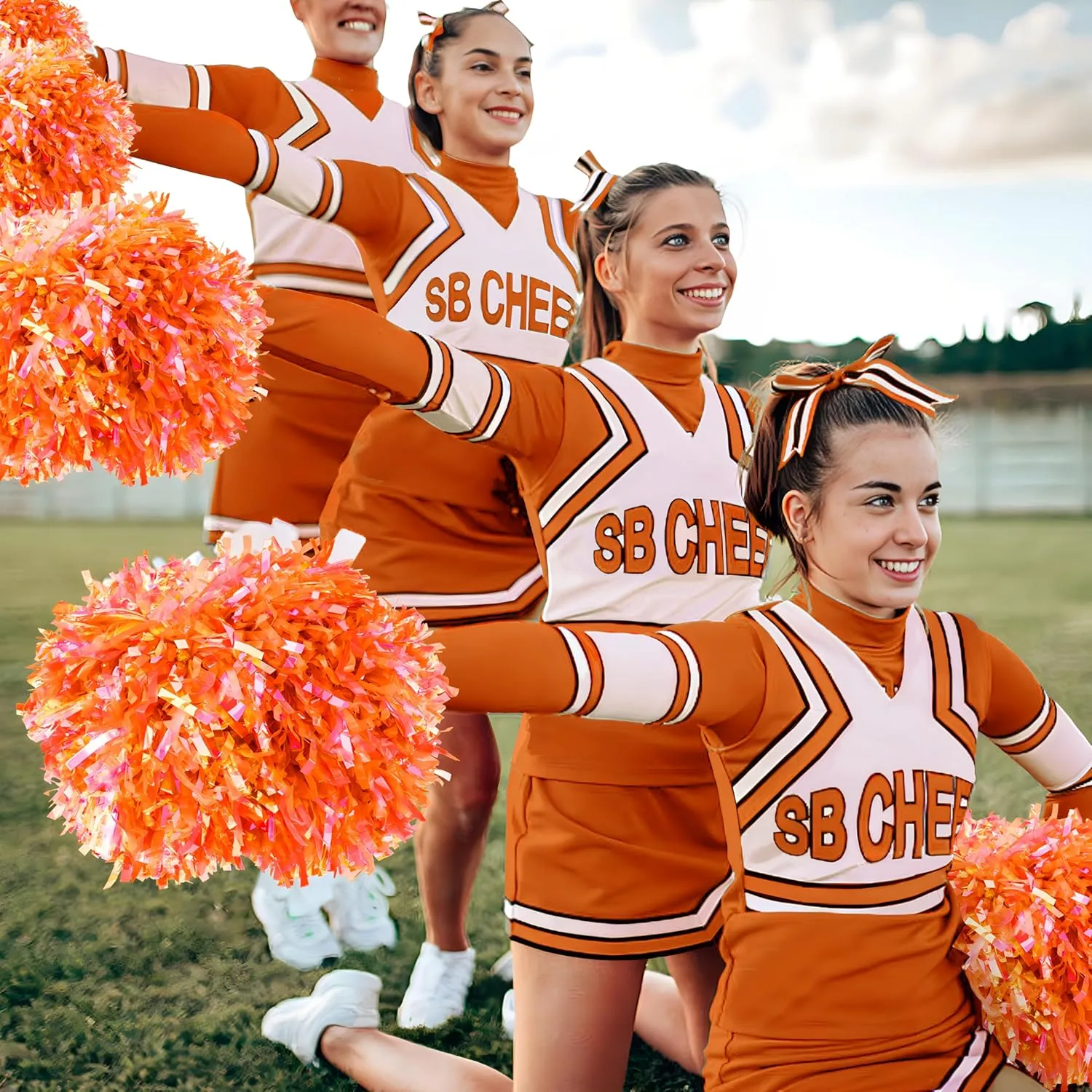 4Pcs Cheerleading Pom Poms for Kids, 2 Pair Cheerleader Pompoms with Baton Handle, Squad Pompoms for Boy Girl Adults School Team Spirit Sports Cheering Game