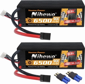 4S Lipo Battery 2Packs 14.8V Lipo Battery 6500mAh 90C Hard Case with Tx Plug   EC5 Adapter Compatible with Arrma Losi 1/5 1/6 1/7 1/8 RC Car Truck Vehicles Truggy Buggy Models