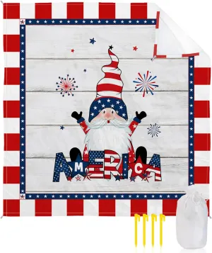 4th of July Beach Blanket, American Flag Gnomes Wood Grain Sandproof Waterproof Outdoor Mat Quick Drying Beach Accessories for Vacation Holiday Picnic Camping, 79"x83" for 1-4 Adults