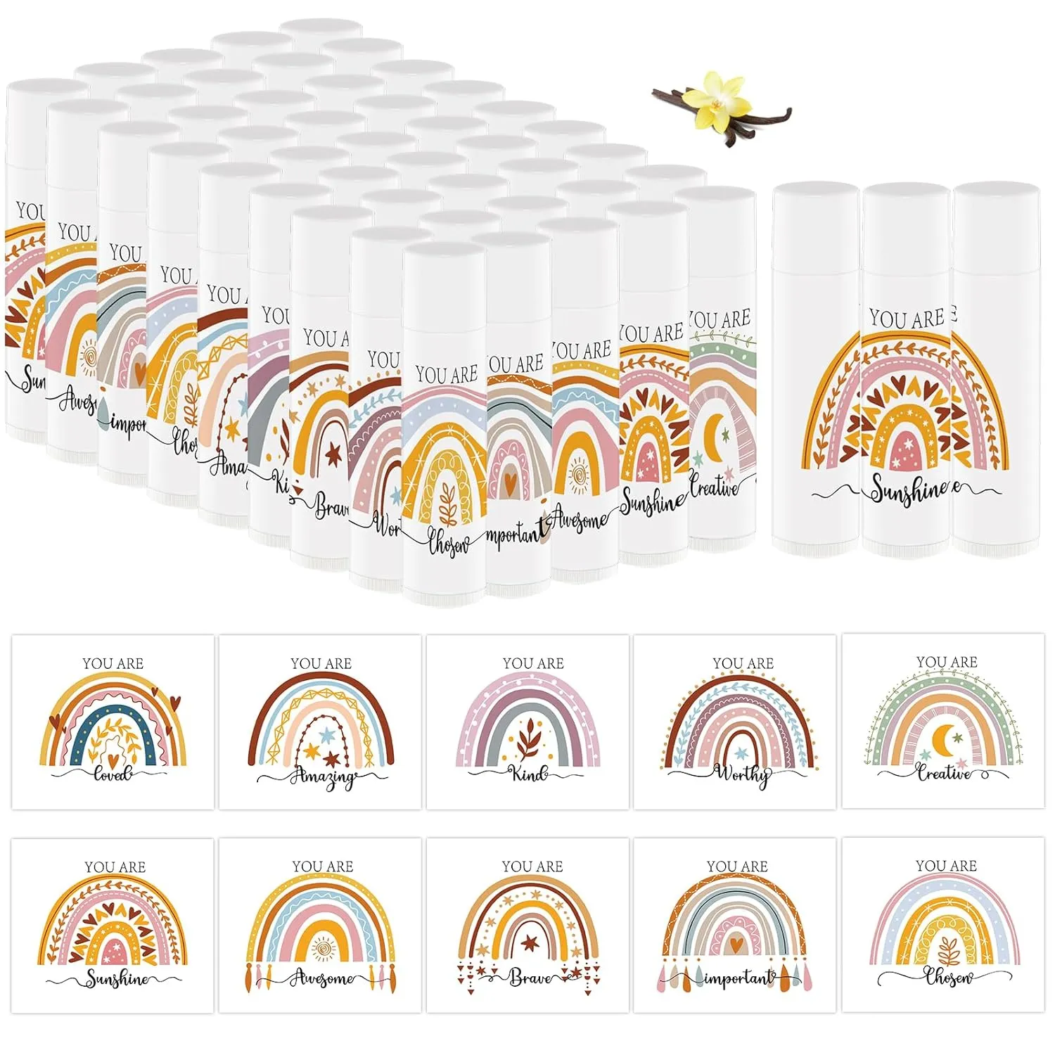 50 PCS Bohemian Rainbow Lip Balm Bulk Inspirational Words Appreciation Gift for Women Thank You Gifts Lip Moisturizer Products for Teacher Baby Shower Coworkers Friend Wedding Bridal Shower