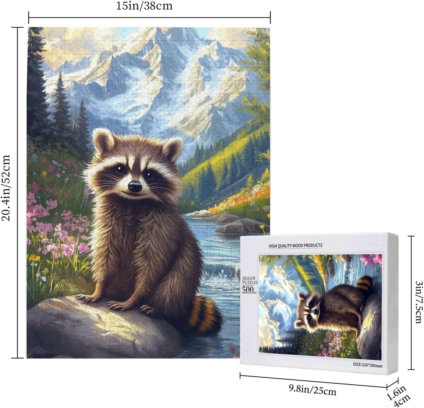 500 Piece Adult Wooden Puzzle - Curious Raccoon Form Creekside,Serene Forest Waterway Art,Ideal for Exercising Brain Power and Hands-on Skills,Improves Intelligence and Observation