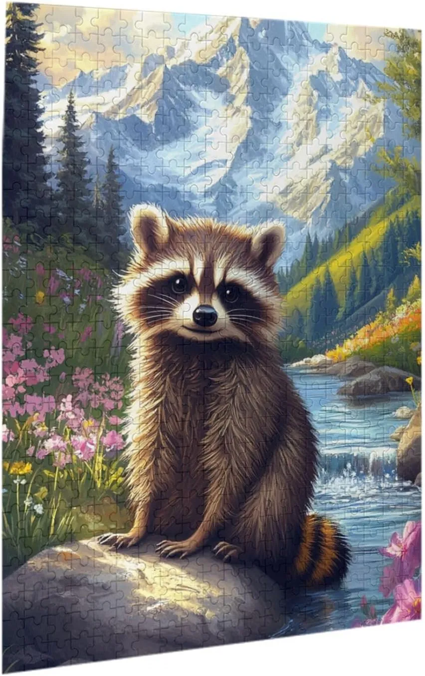 500 Piece Adult Wooden Puzzle - Curious Raccoon Form Creekside,Serene Forest Waterway Art,Ideal for Exercising Brain Power and Hands-on Skills,Improves Intelligence and Observation
