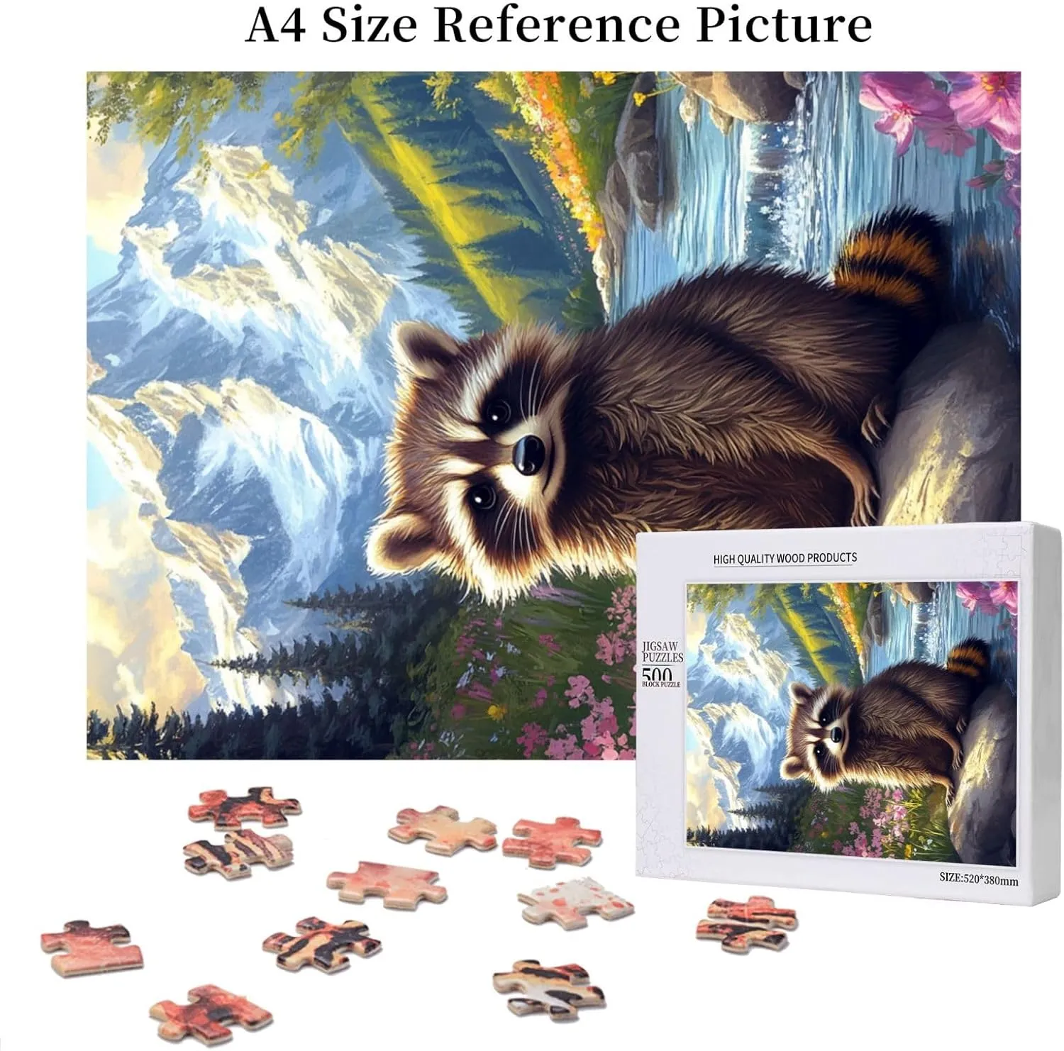 500 Piece Adult Wooden Puzzle - Curious Raccoon Form Creekside,Serene Forest Waterway Art,Ideal for Exercising Brain Power and Hands-on Skills,Improves Intelligence and Observation