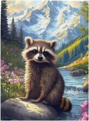 500 Piece Adult Wooden Puzzle - Curious Raccoon Form Creekside,Serene Forest Waterway Art,Ideal for Exercising Brain Power and Hands-on Skills,Improves Intelligence and Observation
