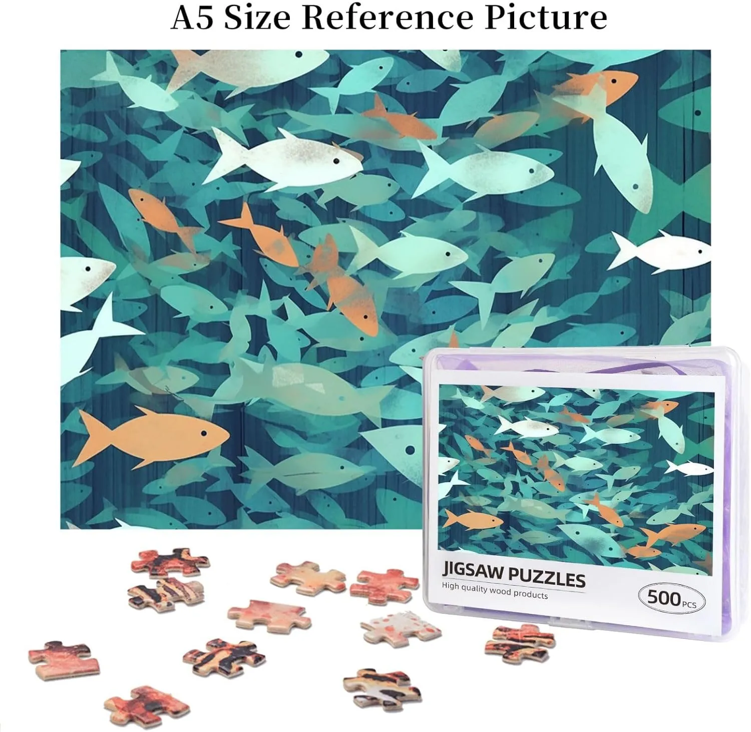 500 Piece Jigsaw Puzzle for Adults Challenging Puzzles for Game Nights Abstract Shoal of Fish Wooden Puzzle Personalized Custom Wood Puzzles for Family Picturepuzzle Finished Size 20.4"x15"