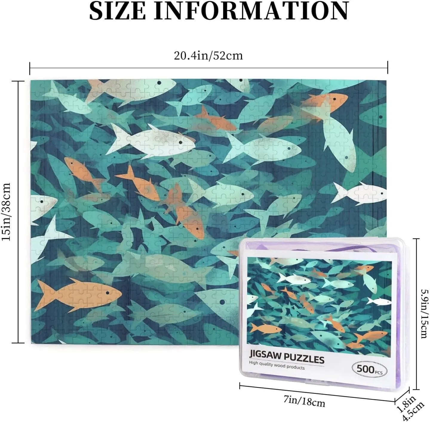 500 Piece Jigsaw Puzzle for Adults Challenging Puzzles for Game Nights Abstract Shoal of Fish Wooden Puzzle Personalized Custom Wood Puzzles for Family Picturepuzzle Finished Size 20.4"x15"
