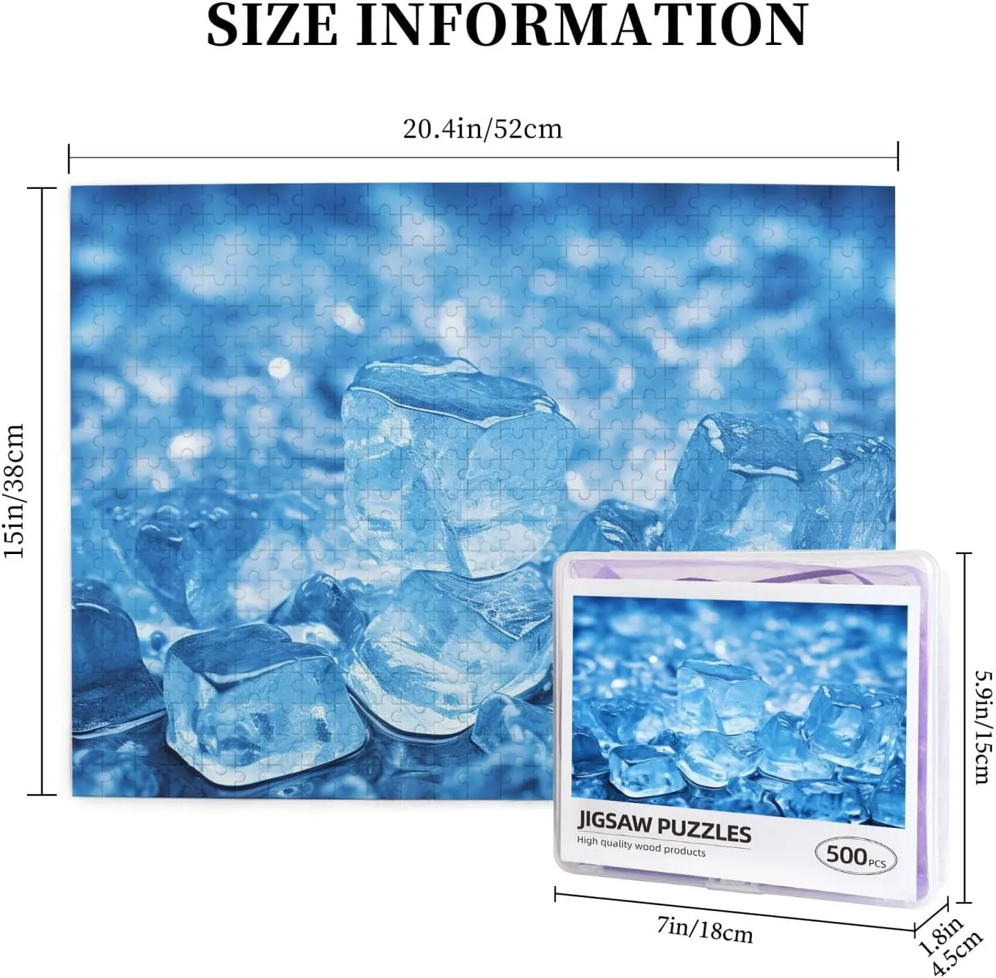 500 Piece Jigsaw Puzzle for Adults Personalized Picture Puzzle Blue ice Cube Background Customized Wooden Puzzle for Family, Birthday, Wedding, Game Nights Gifts, 20.4"x15"