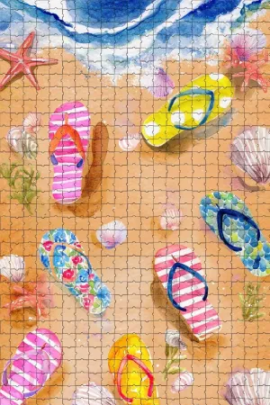 500 Piece Jigsaw Puzzle for Adults Watercolor Beach Scene with Colorful Flip-Flops and Seashells Challenging and Joyful Puzzle Game for Beach Lovers Wall Decor Gift Family Game Night Fun