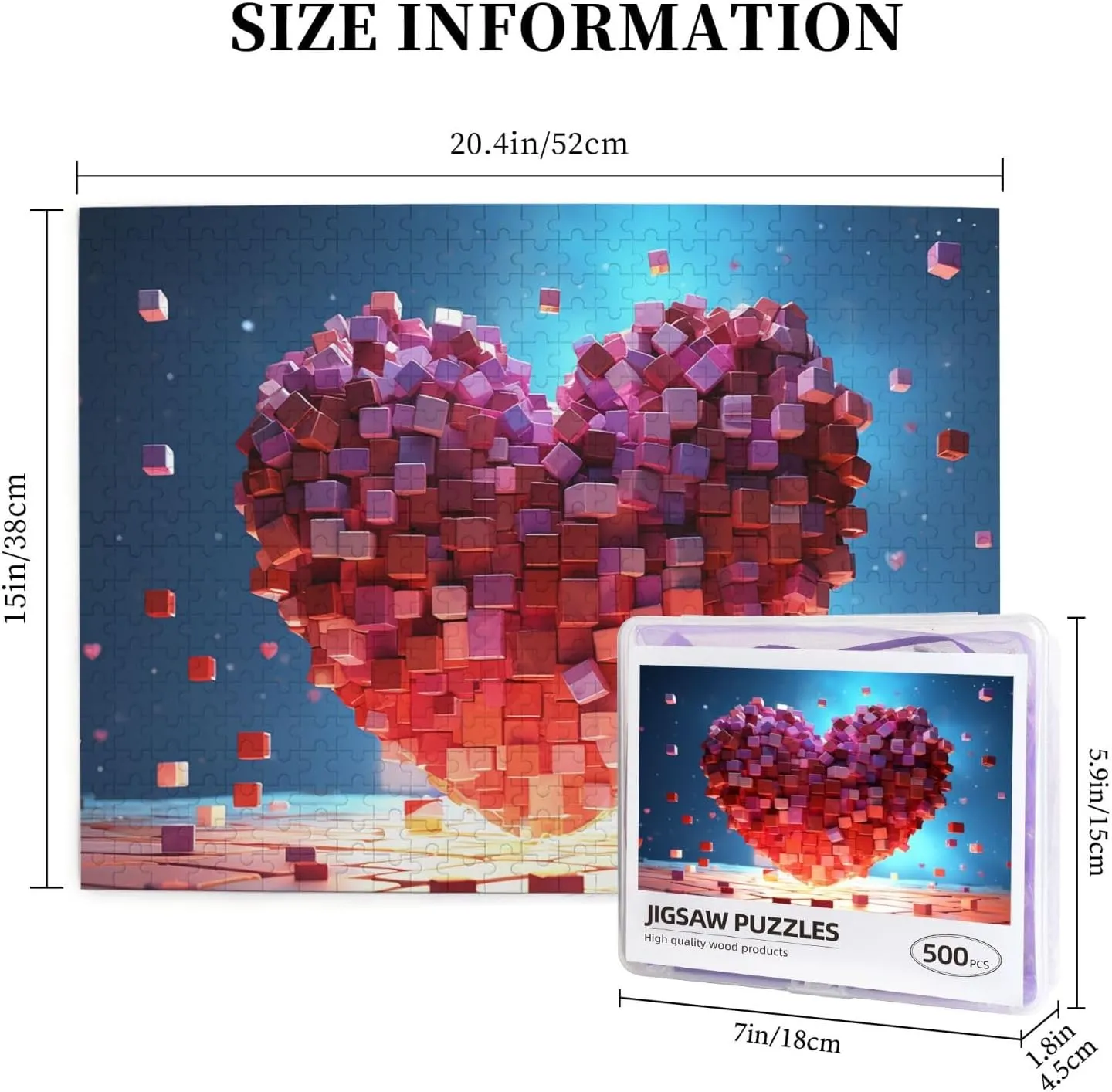 500 Piece Jigsaw Puzzles for Adults Challenging Puzzle Wooden Love Heart Cubes Picture Puzzle Personalized Custom Wood Puzzle for Family Game Nights Gifts 20.4"x15"