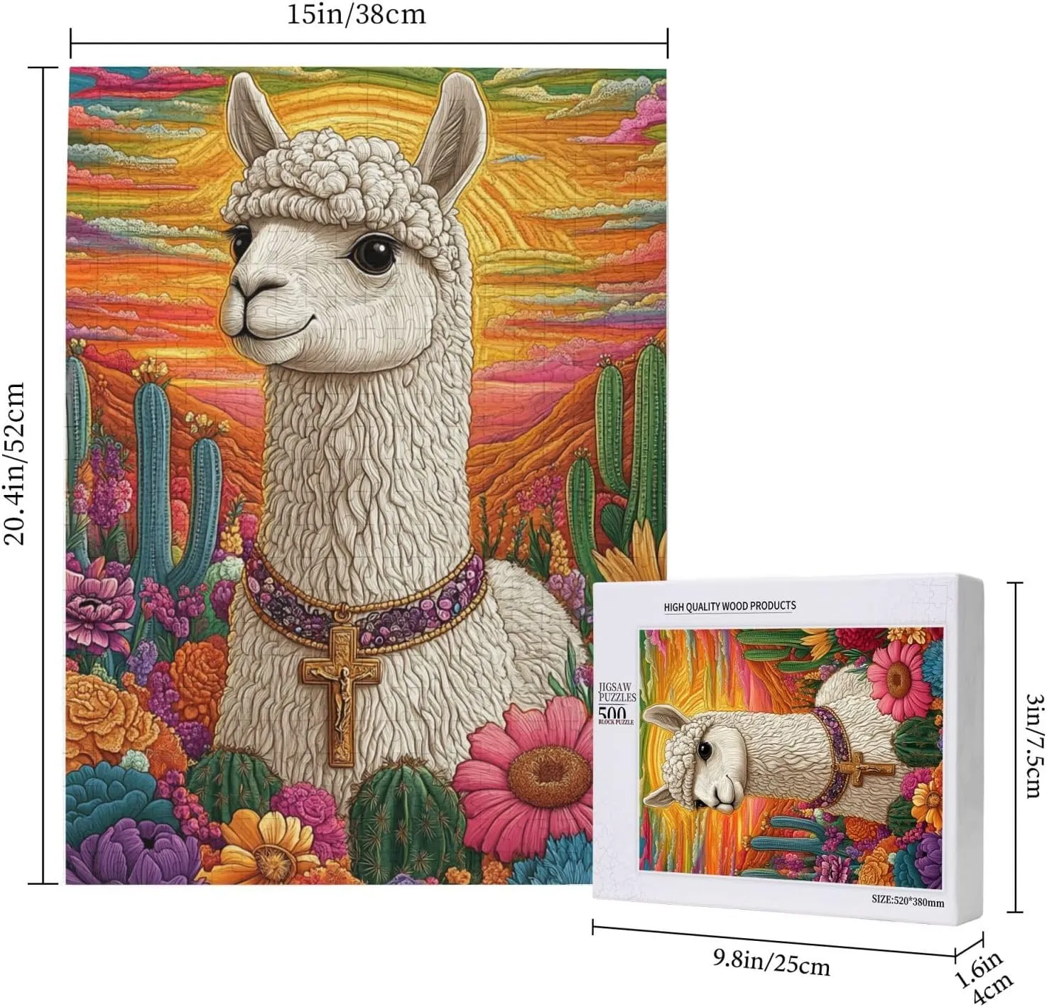 500 Piece Wooden Puzzle for Adults,an Alpaca Wearing A Cross Among The Desert Cacti,Spiritual Wilderness Artwork,Brain Training Challenge,Stress Relief Activity,Eco-Friendly Pieces