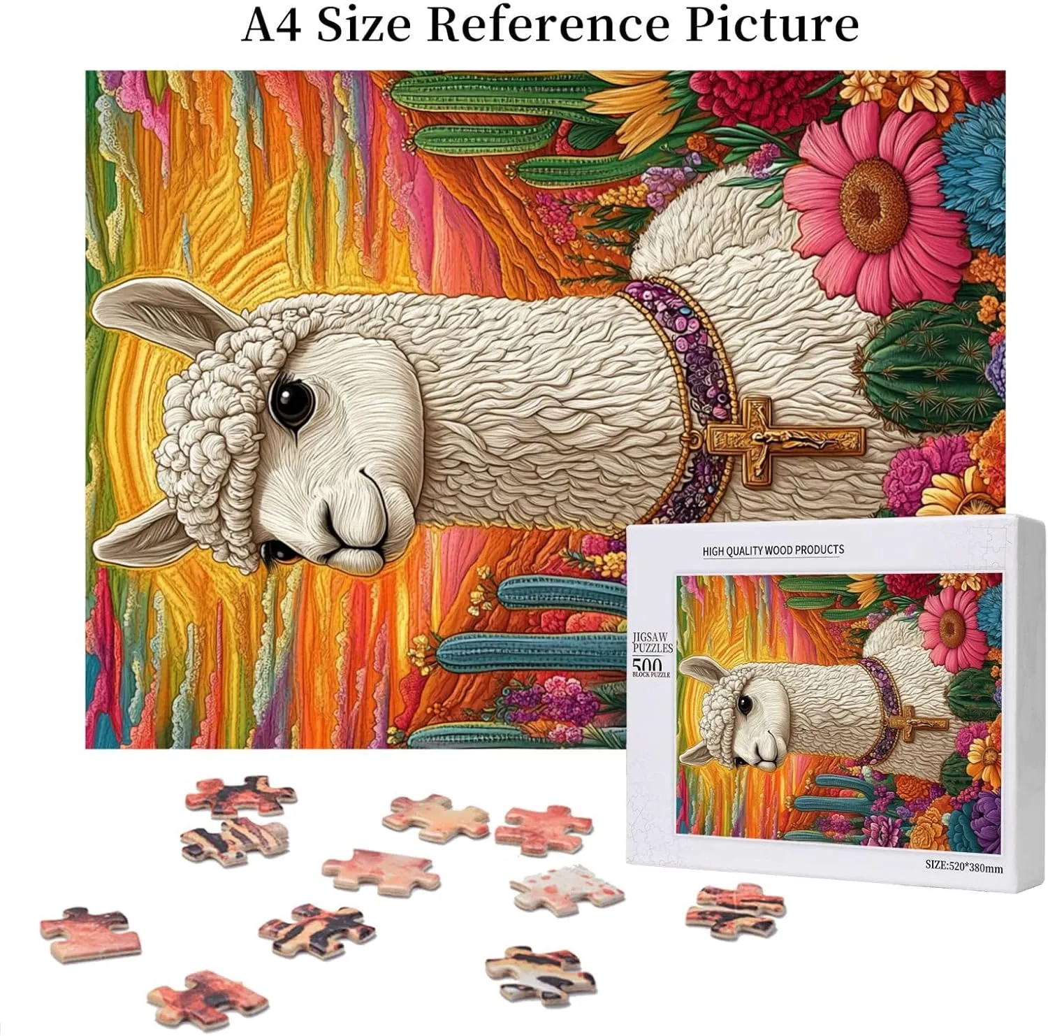 500 Piece Wooden Puzzle for Adults,an Alpaca Wearing A Cross Among The Desert Cacti,Spiritual Wilderness Artwork,Brain Training Challenge,Stress Relief Activity,Eco-Friendly Pieces