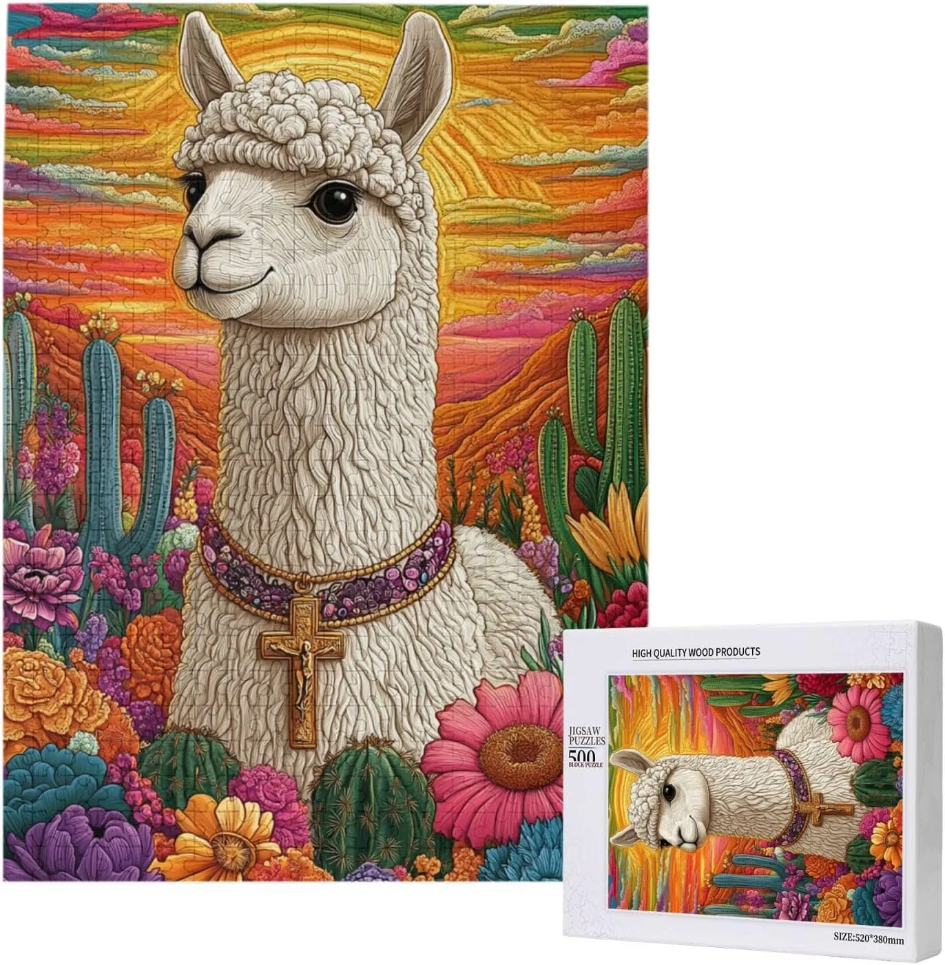 500 Piece Wooden Puzzle for Adults,an Alpaca Wearing A Cross Among The Desert Cacti,Spiritual Wilderness Artwork,Brain Training Challenge,Stress Relief Activity,Eco-Friendly Pieces