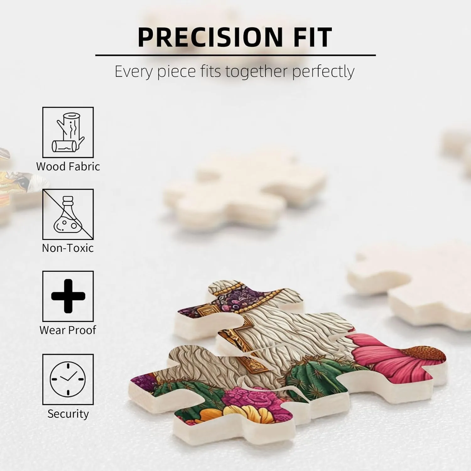 500 Piece Wooden Puzzle for Adults,an Alpaca Wearing A Cross Among The Desert Cacti,Spiritual Wilderness Artwork,Brain Training Challenge,Stress Relief Activity,Eco-Friendly Pieces