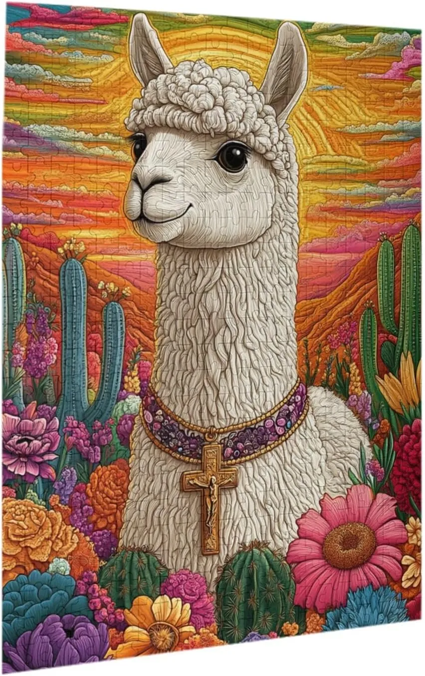 500 Piece Wooden Puzzle for Adults,an Alpaca Wearing A Cross Among The Desert Cacti,Spiritual Wilderness Artwork,Brain Training Challenge,Stress Relief Activity,Eco-Friendly Pieces