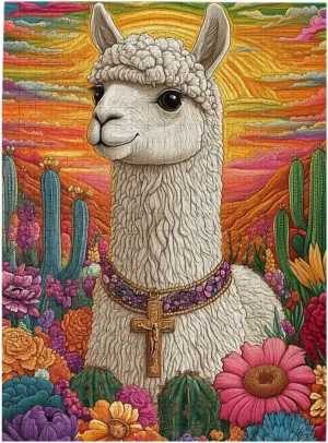 500 Piece Wooden Puzzle for Adults,an Alpaca Wearing A Cross Among The Desert Cacti,Spiritual Wilderness Artwork,Brain Training Challenge,Stress Relief Activity,Eco-Friendly Pieces