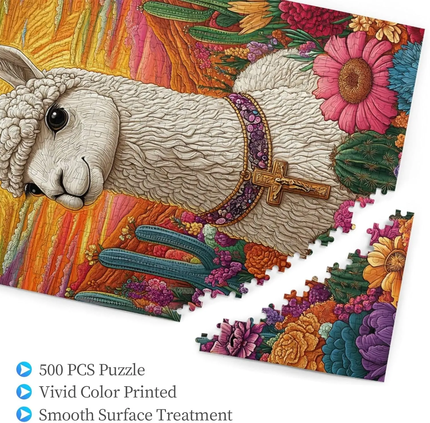 500 Piece Wooden Puzzle for Adults,an Alpaca Wearing A Cross Among The Desert Cacti,Spiritual Wilderness Artwork,Brain Training Challenge,Stress Relief Activity,Eco-Friendly Pieces