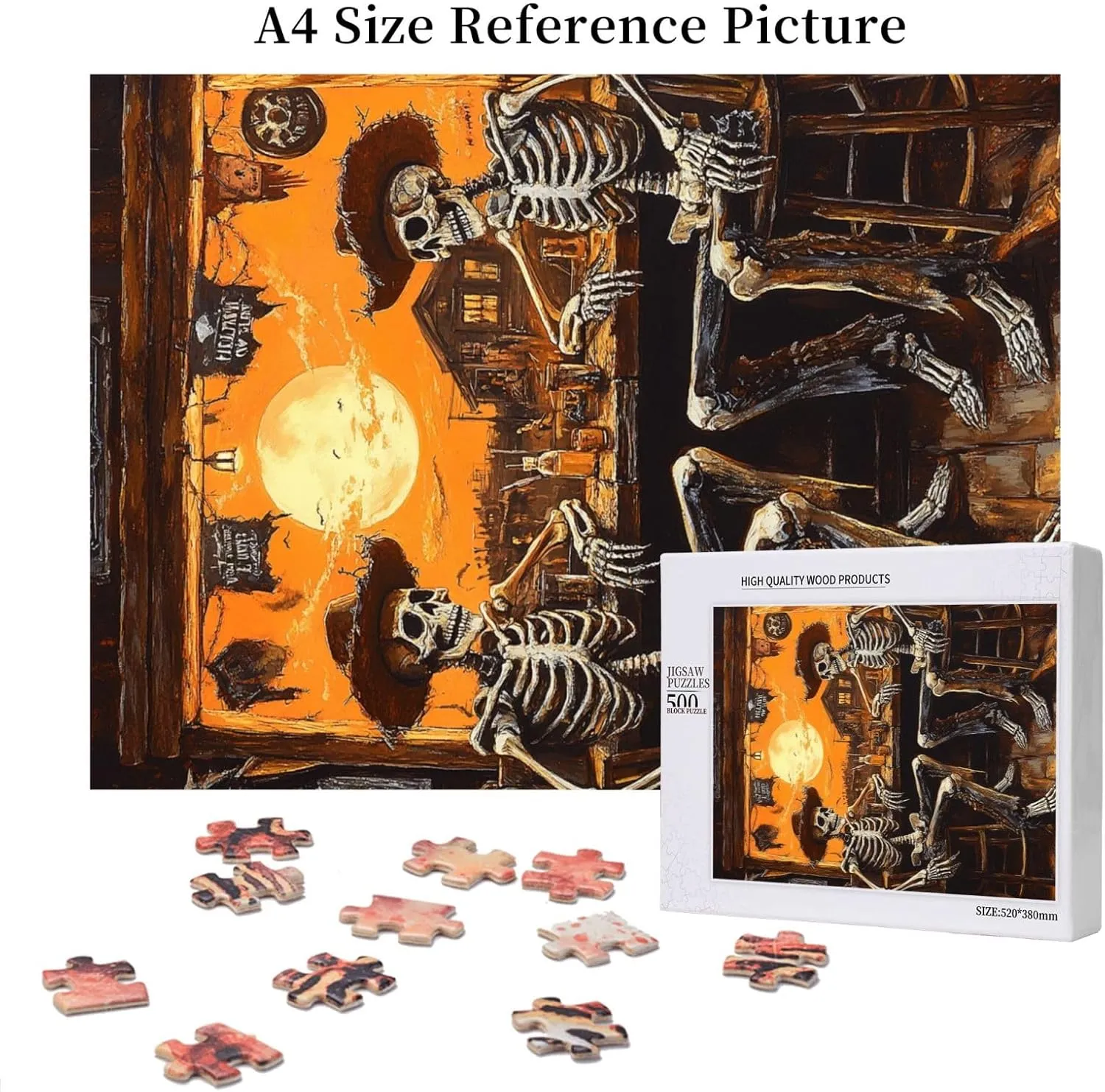 500 Piece Wooden Puzzle for Adults,Skeletal Partying at Sunset Drinks Table,Brain Training Challenge,Stress Relief Activity,Macabre Desert Happy Hour Artwork,Eco-Friendly Pieces