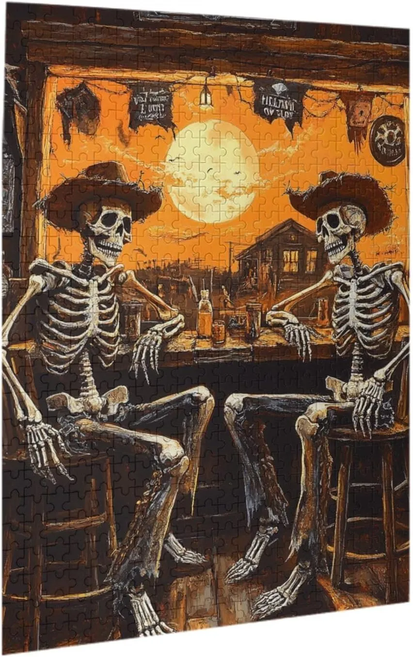 500 Piece Wooden Puzzle for Adults,Skeletal Partying at Sunset Drinks Table,Brain Training Challenge,Stress Relief Activity,Macabre Desert Happy Hour Artwork,Eco-Friendly Pieces