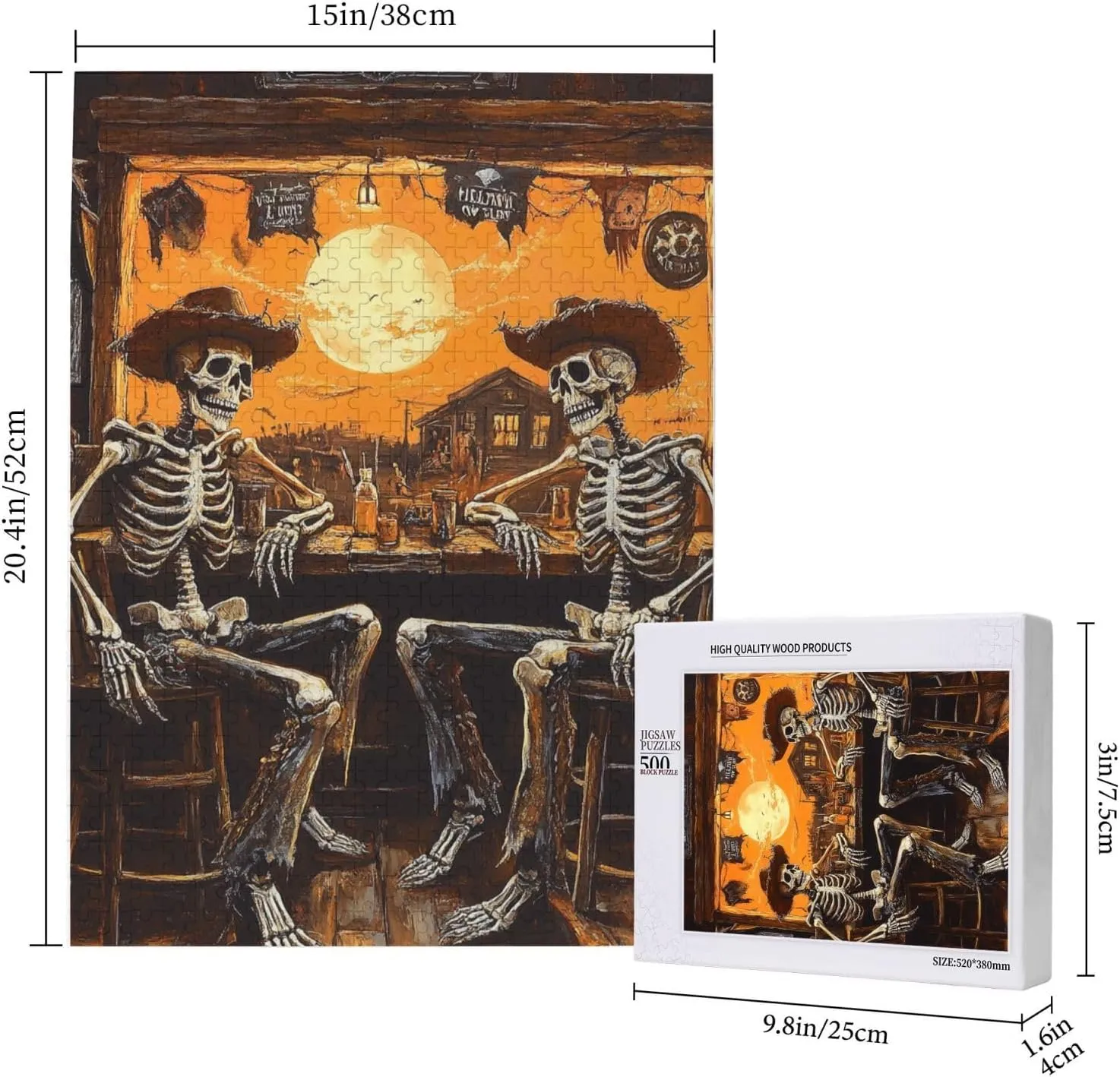 500 Piece Wooden Puzzle for Adults,Skeletal Partying at Sunset Drinks Table,Brain Training Challenge,Stress Relief Activity,Macabre Desert Happy Hour Artwork,Eco-Friendly Pieces