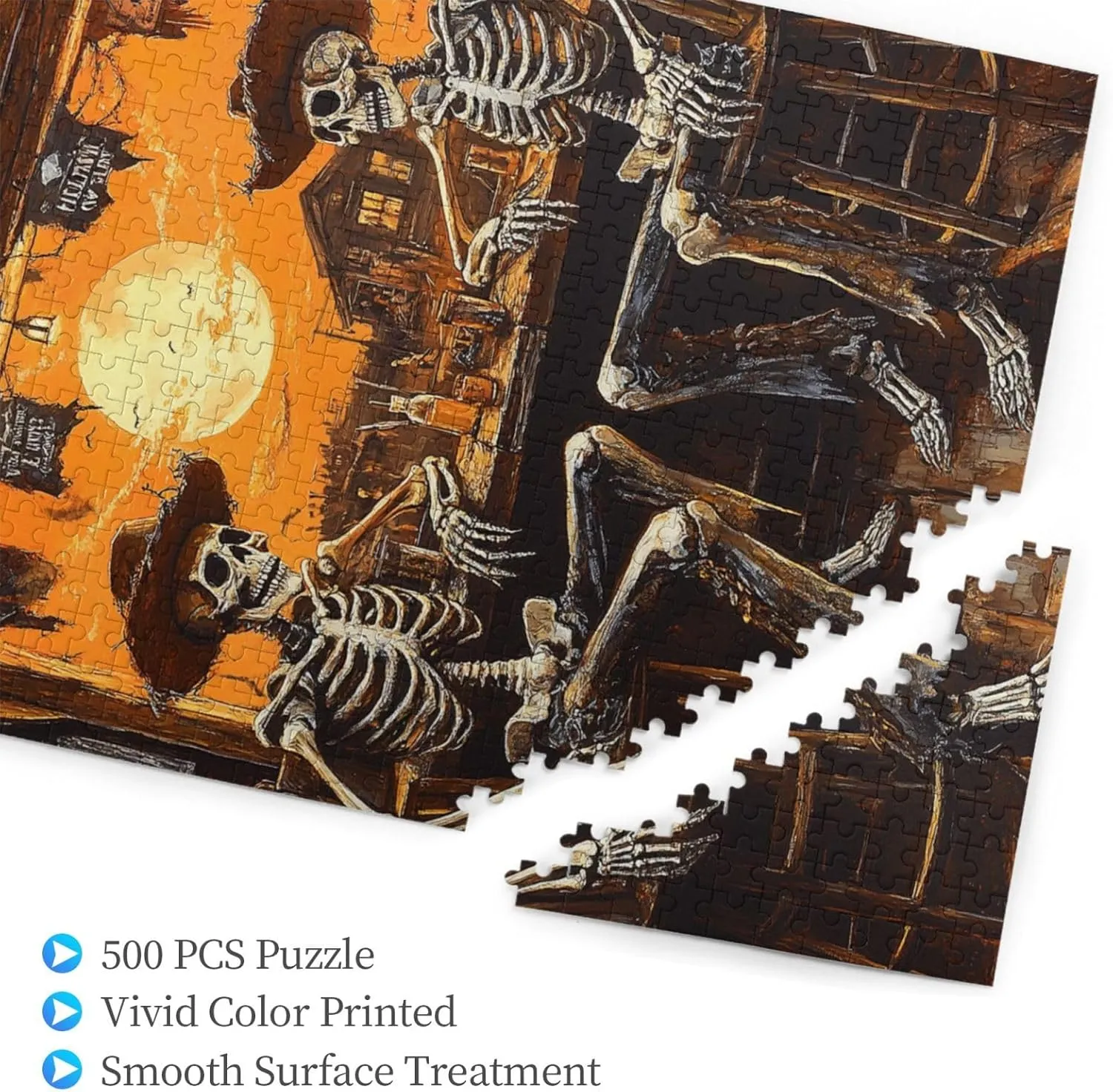 500 Piece Wooden Puzzle for Adults,Skeletal Partying at Sunset Drinks Table,Brain Training Challenge,Stress Relief Activity,Macabre Desert Happy Hour Artwork,Eco-Friendly Pieces