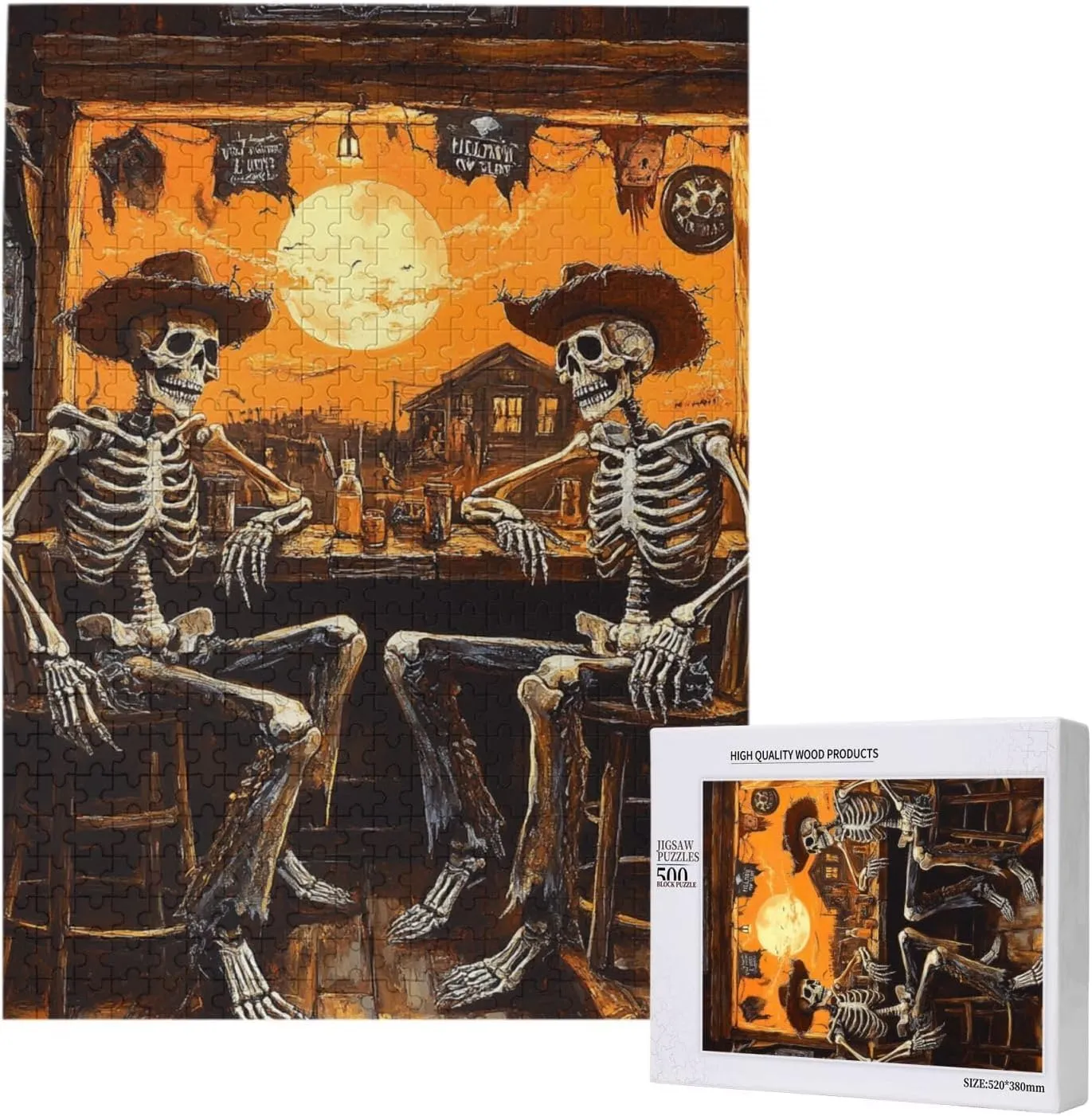 500 Piece Wooden Puzzle for Adults,Skeletal Partying at Sunset Drinks Table,Brain Training Challenge,Stress Relief Activity,Macabre Desert Happy Hour Artwork,Eco-Friendly Pieces