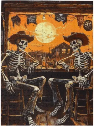 500 Piece Wooden Puzzle for Adults,Skeletal Partying at Sunset Drinks Table,Brain Training Challenge,Stress Relief Activity,Macabre Desert Happy Hour Artwork,Eco-Friendly Pieces