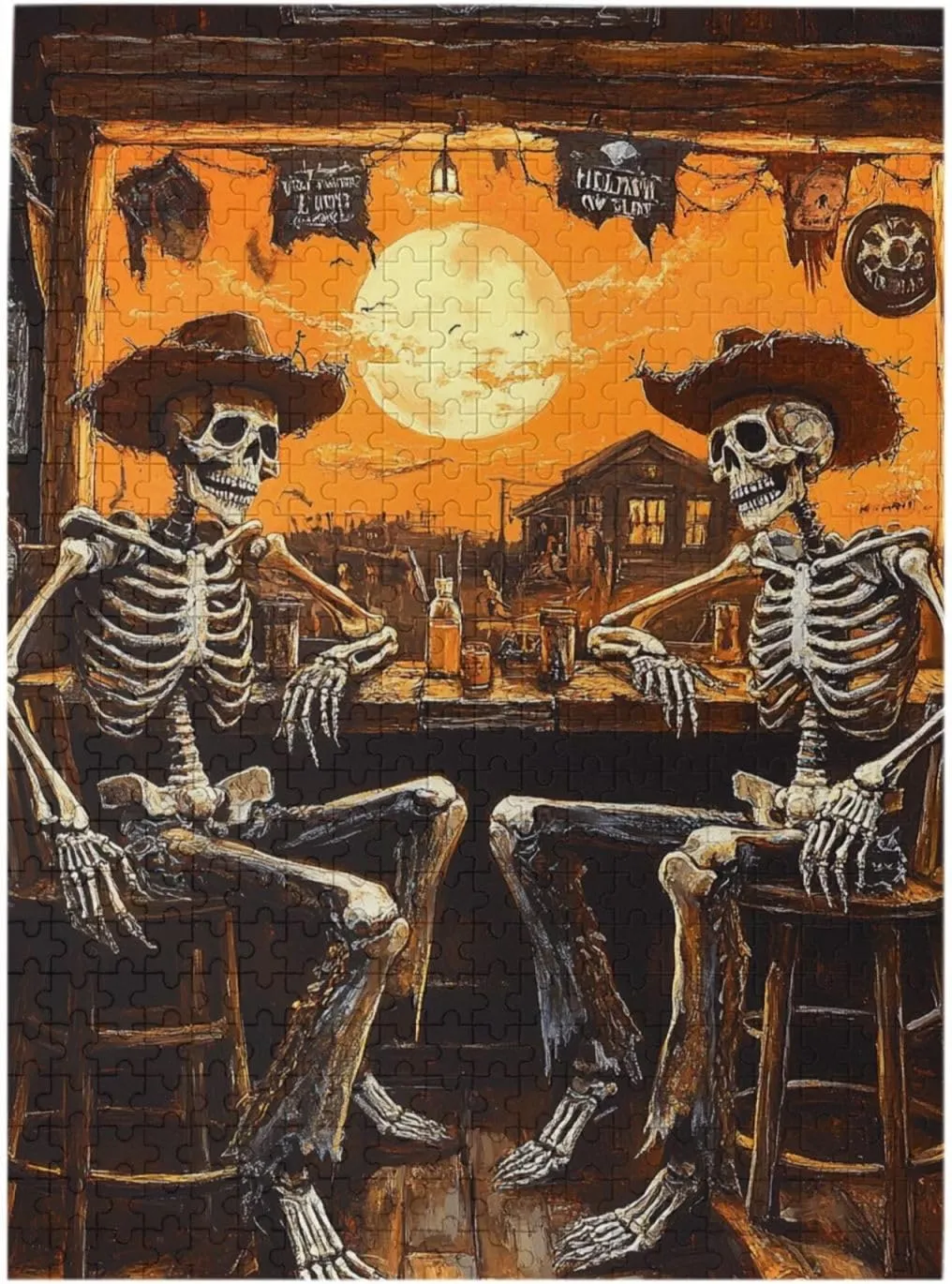 500 Piece Wooden Puzzle for Adults,Skeletal Partying at Sunset Drinks Table,Brain Training Challenge,Stress Relief Activity,Macabre Desert Happy Hour Artwork,Eco-Friendly Pieces