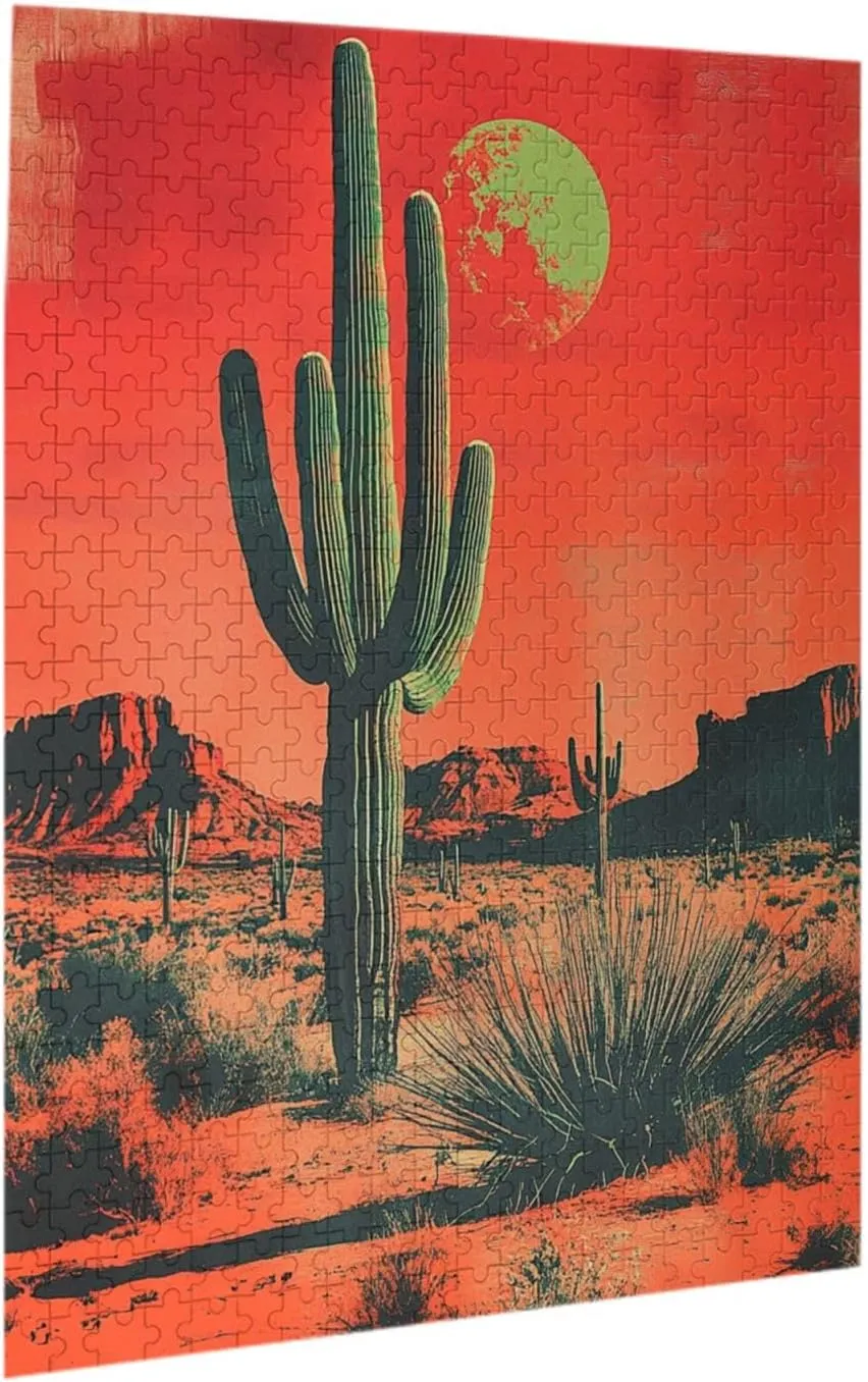 500 Piece Wooden Puzzle for Adults,Vintage-Style Desert Landscape with Towering Saguaros,Brain Training Challenge,Stress Relief Activity,Retro Southwest Artwork,Eco-Friendly Pieces