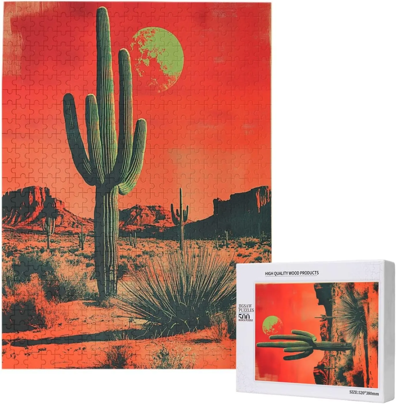 500 Piece Wooden Puzzle for Adults,Vintage-Style Desert Landscape with Towering Saguaros,Brain Training Challenge,Stress Relief Activity,Retro Southwest Artwork,Eco-Friendly Pieces