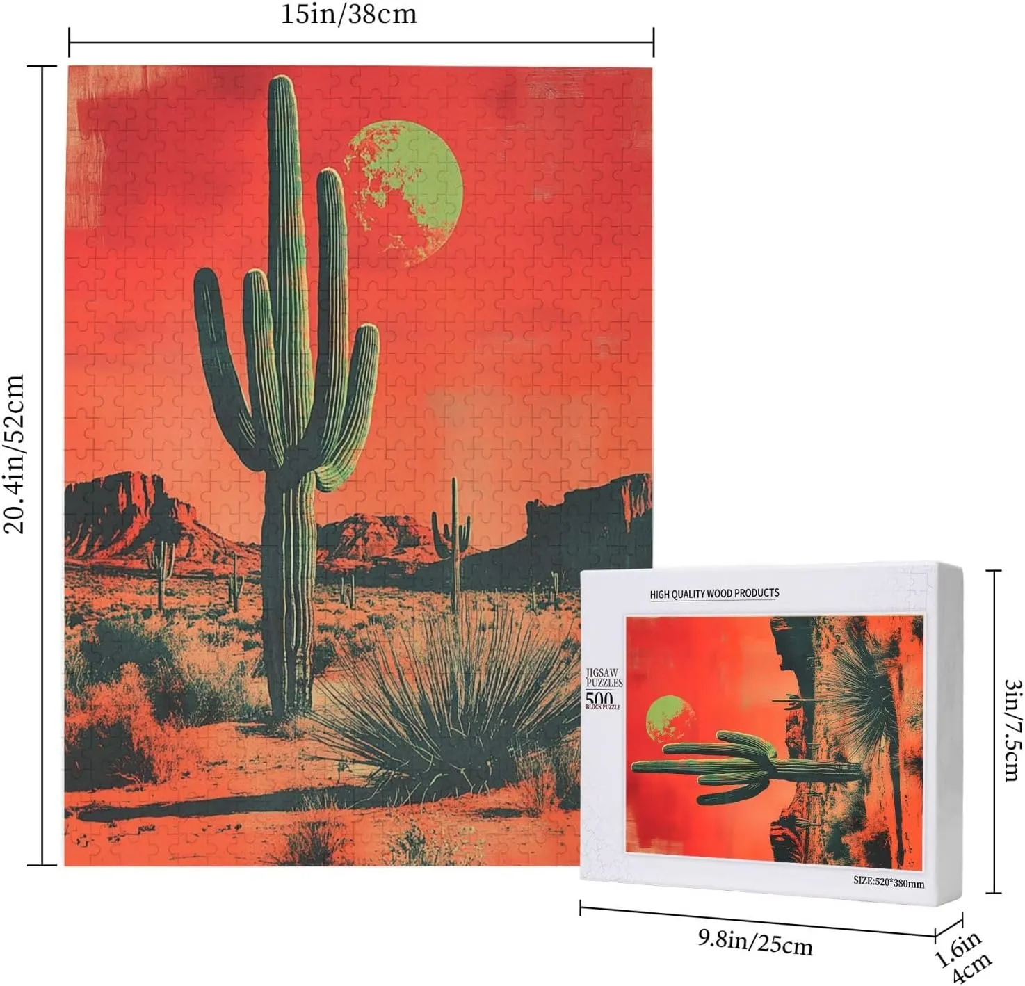 500 Piece Wooden Puzzle for Adults,Vintage-Style Desert Landscape with Towering Saguaros,Brain Training Challenge,Stress Relief Activity,Retro Southwest Artwork,Eco-Friendly Pieces