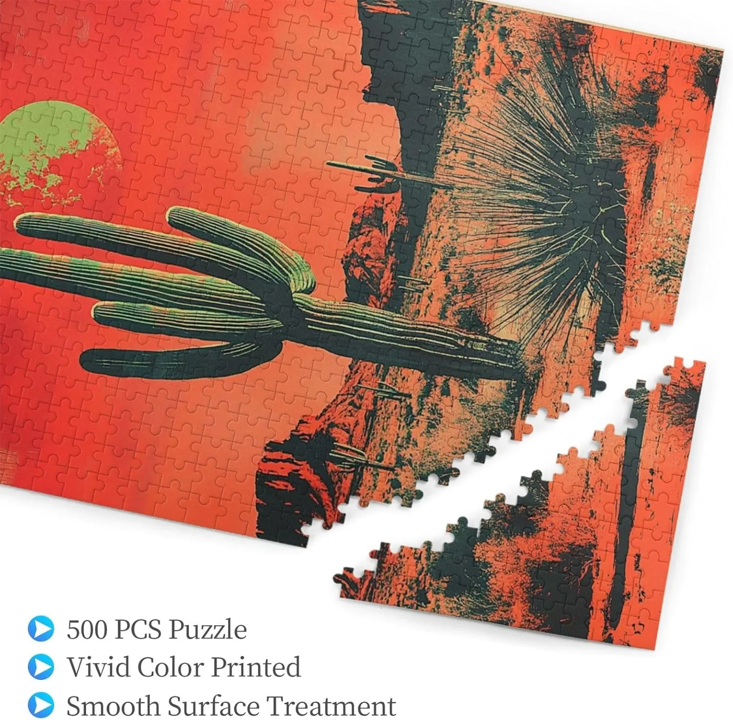 500 Piece Wooden Puzzle for Adults,Vintage-Style Desert Landscape with Towering Saguaros,Brain Training Challenge,Stress Relief Activity,Retro Southwest Artwork,Eco-Friendly Pieces