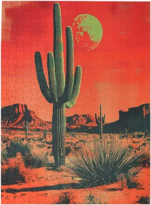 500 Piece Wooden Puzzle for Adults,Vintage-Style Desert Landscape with Towering Saguaros,Brain Training Challenge,Stress Relief Activity,Retro Southwest Artwork,Eco-Friendly Pieces