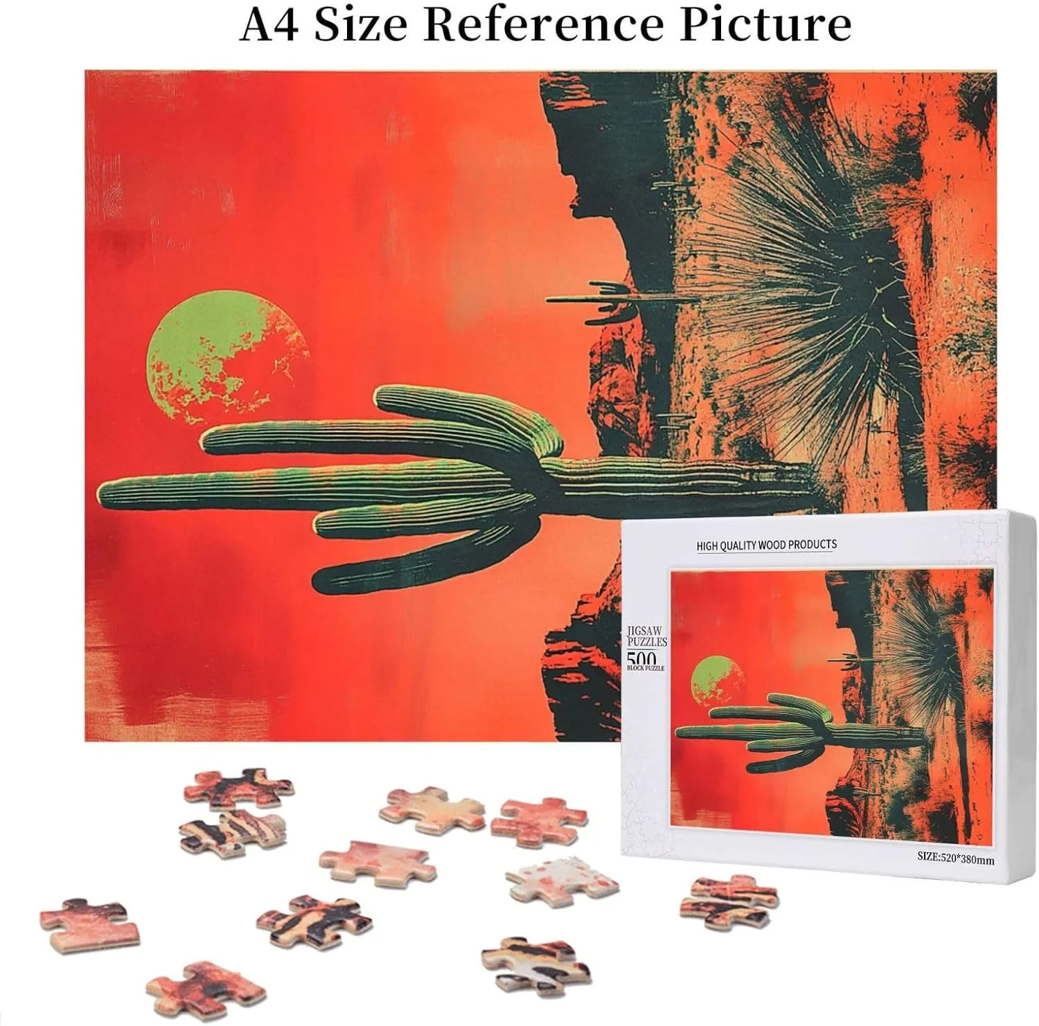 500 Piece Wooden Puzzle for Adults,Vintage-Style Desert Landscape with Towering Saguaros,Brain Training Challenge,Stress Relief Activity,Retro Southwest Artwork,Eco-Friendly Pieces
