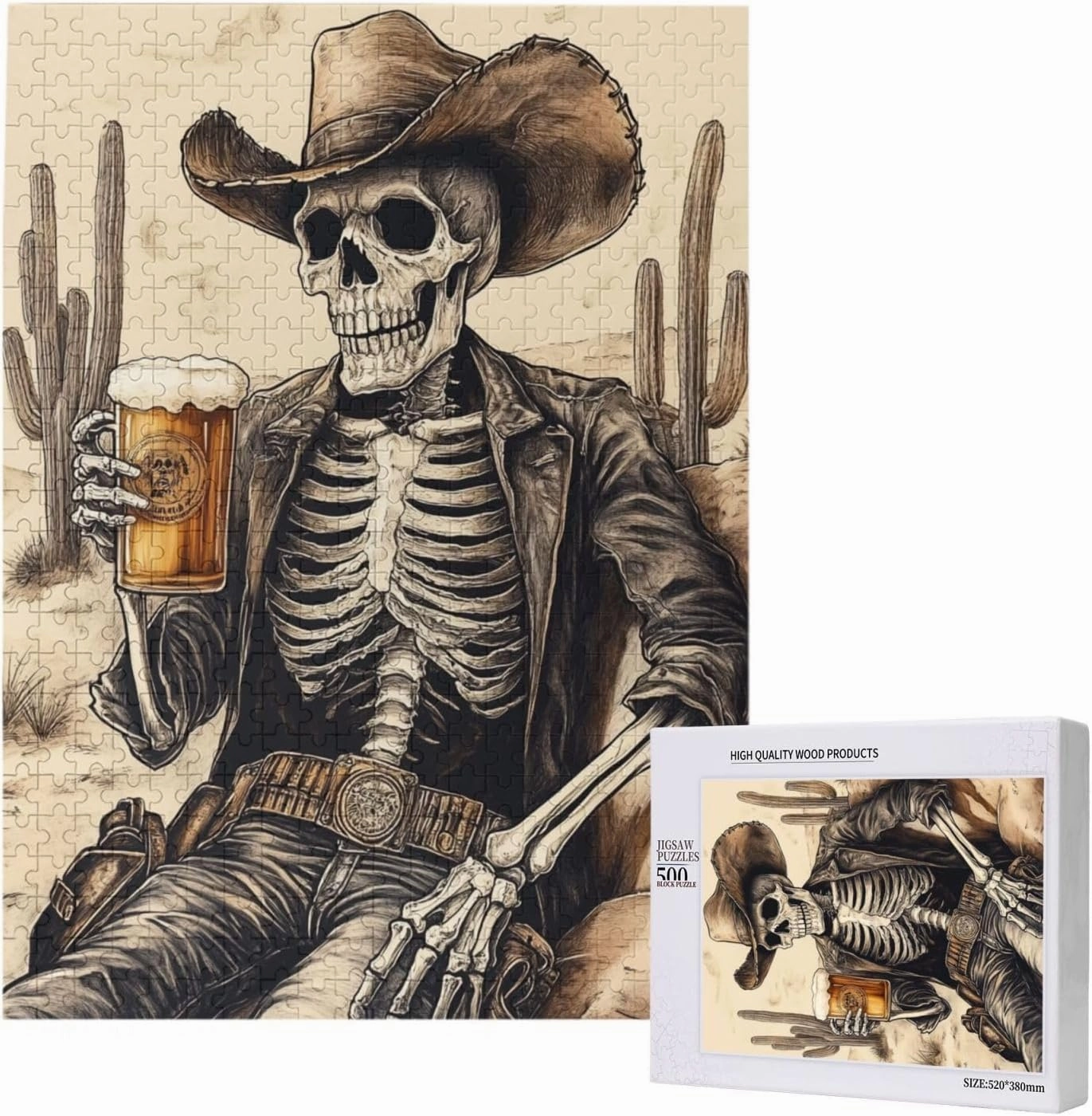 500 Piece Wooden Puzzle for Adults,The Skeletons in The Desert Drink Alcohol,Brain Training Challenge,Stress Relief Activity,Unique Artwork for Adults,Eco-Friendly Woodens Pieces