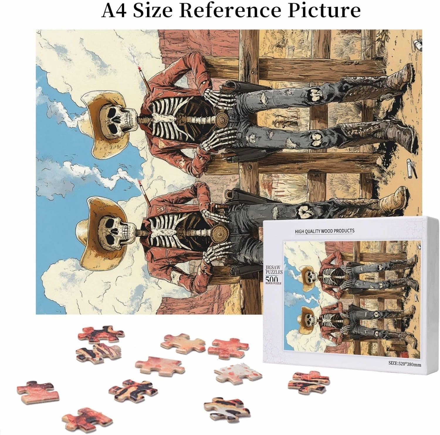 500 Piece Wooden Puzzle for Adults,Two Skeleton Cowboys in Desert,Unique Artwork for Adult,Brain Training Challenge, Stress Relief Activity,Eco-Friendly Pieces，Gifts for Friends