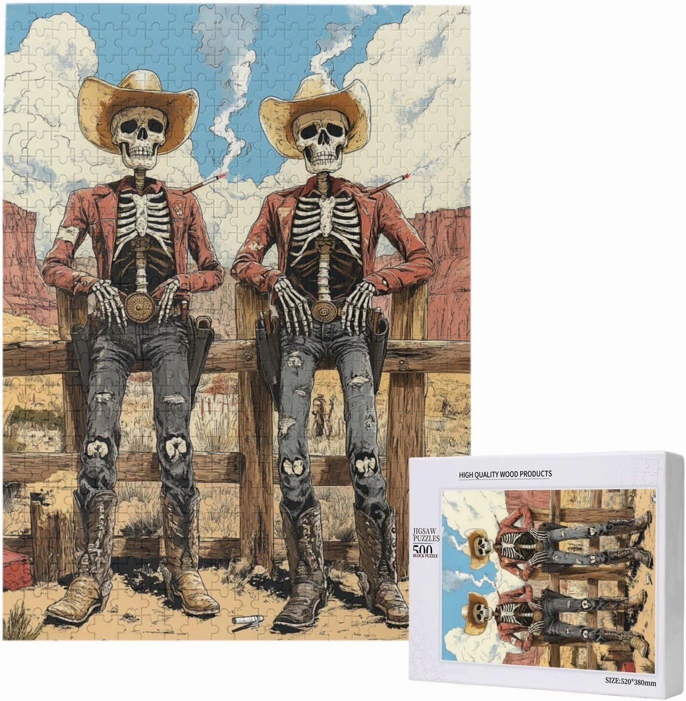 500 Piece Wooden Puzzle for Adults,Two Skeleton Cowboys in Desert,Unique Artwork for Adult,Brain Training Challenge, Stress Relief Activity,Eco-Friendly Pieces，Gifts for Friends