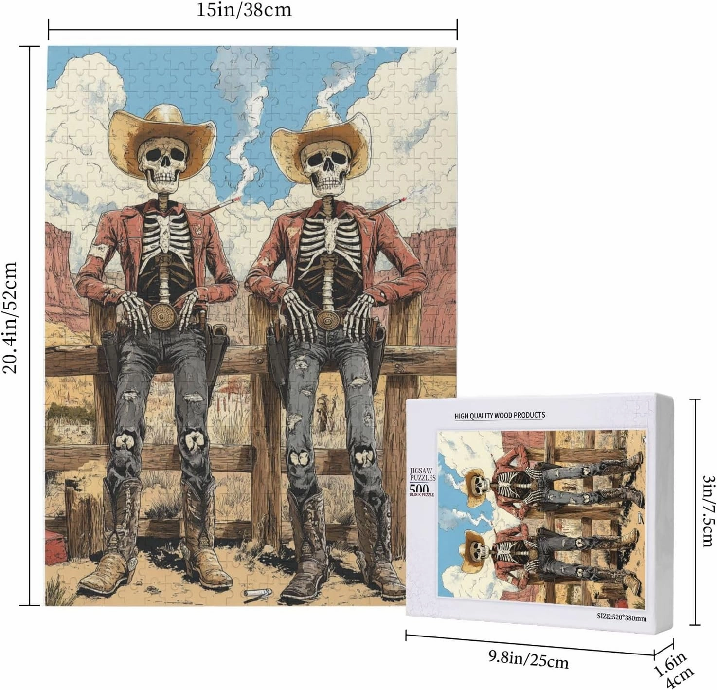 500 Piece Wooden Puzzle for Adults,Two Skeleton Cowboys in Desert,Unique Artwork for Adult,Brain Training Challenge, Stress Relief Activity,Eco-Friendly Pieces，Gifts for Friends