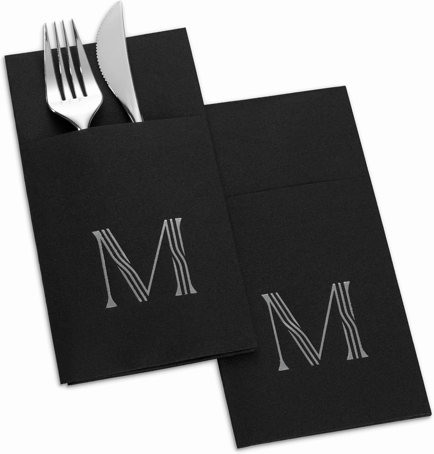50-Pack Monogrammed Napkins Black With Pocket For Flatware, 16" x 16" Silver Foil Letter T Disposable Linen-Feel Napkins, Prefolded Silverware Pocket Napkins For wedding, Party Or Baby Shower