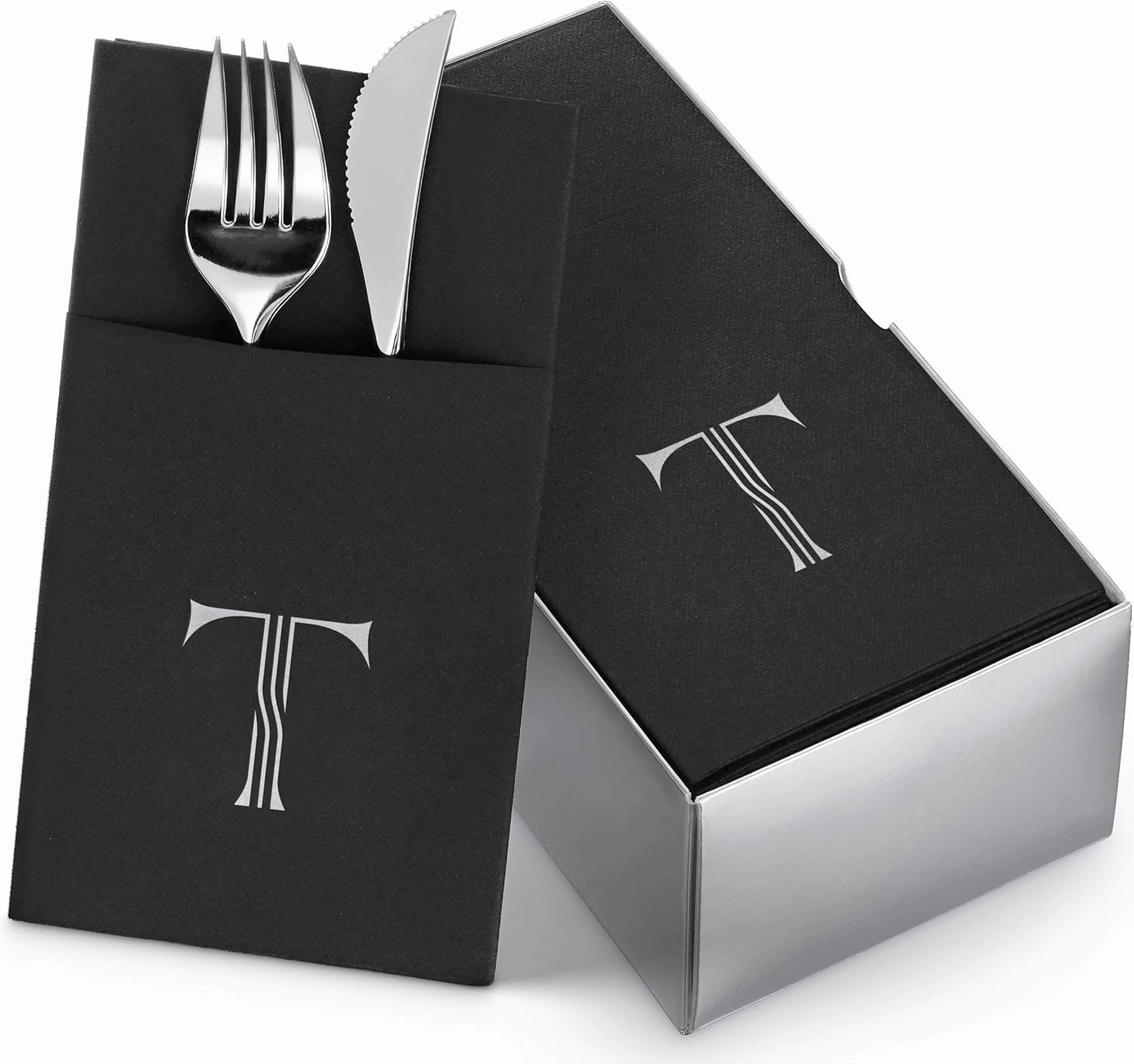 50-Pack Monogrammed Napkins Black With Pocket For Flatware, 16" x 16" Silver Foil Letter T Disposable Linen-Feel Napkins, Prefolded Silverware Pocket Napkins For wedding, Party Or Baby Shower