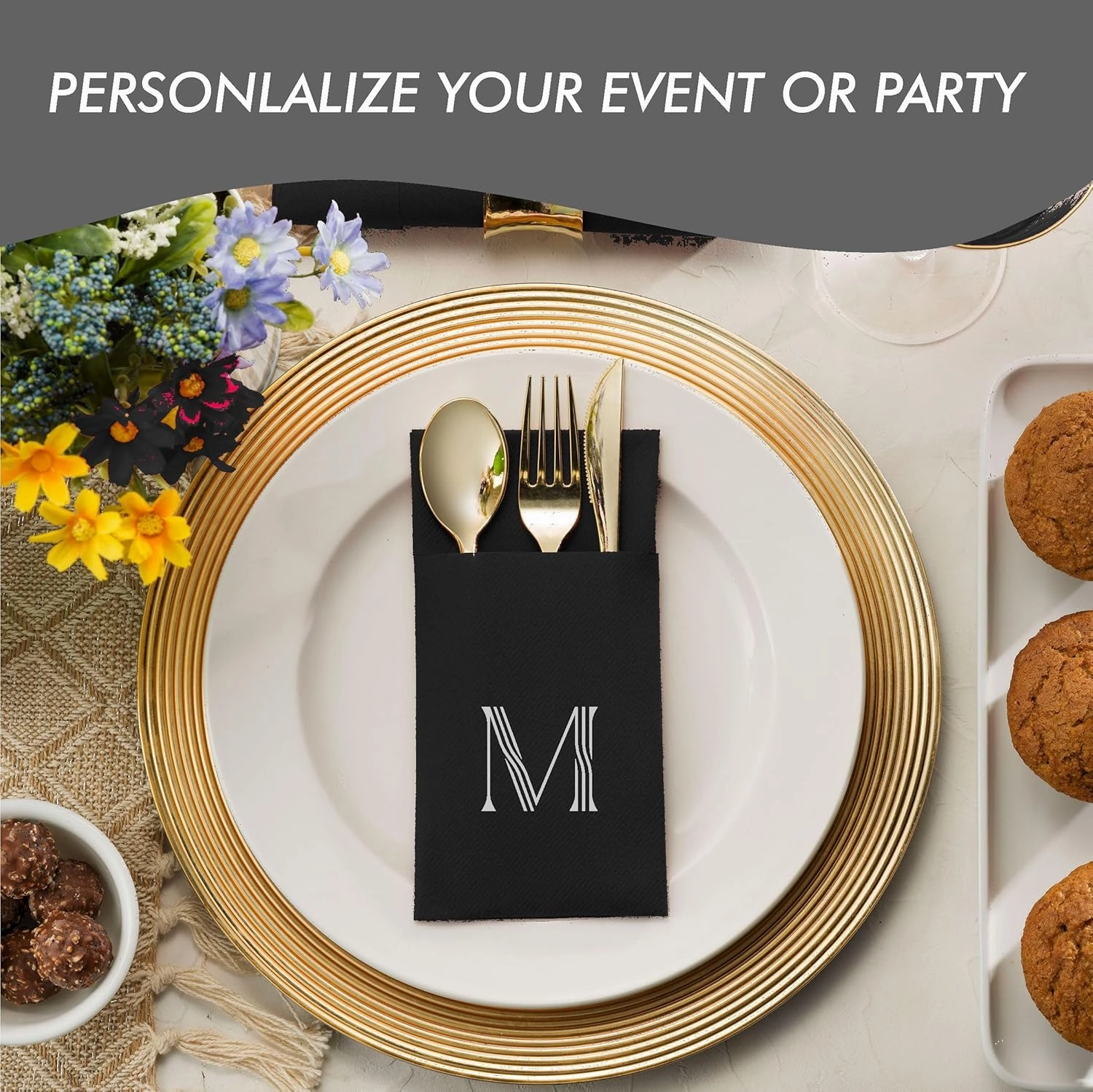 50-Pack Monogrammed Napkins Black With Pocket For Flatware, 16" x 16" Silver Foil Letter T Disposable Linen-Feel Napkins, Prefolded Silverware Pocket Napkins For wedding, Party Or Baby Shower