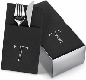 50-Pack Monogrammed Napkins Black With Pocket For Flatware, 16" x 16" Silver Foil Letter T Disposable Linen-Feel Napkins, Prefolded Silverware Pocket Napkins For wedding, Party Or Baby Shower