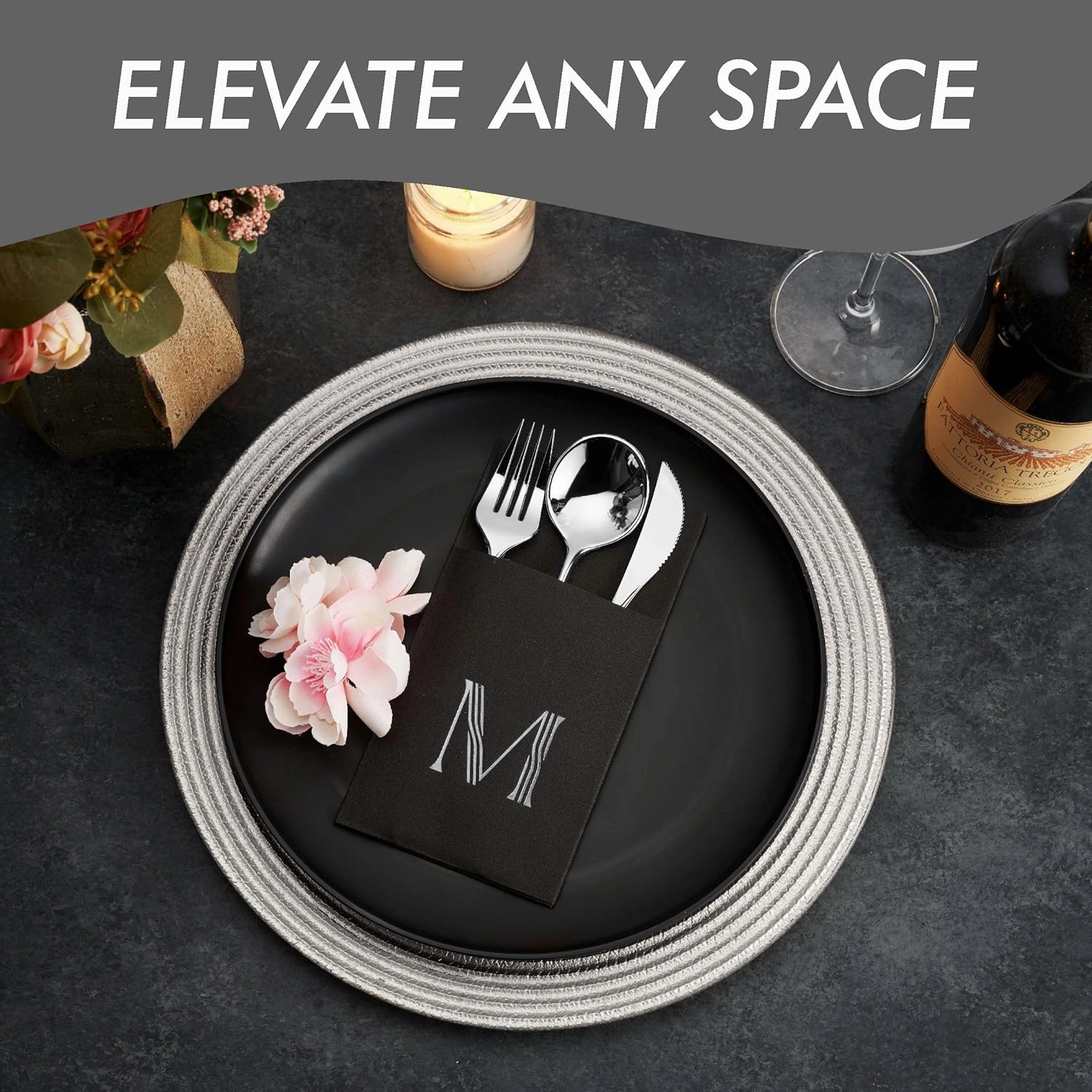 50-Pack Monogrammed Napkins Black With Pocket For Flatware, 16" x 16" Silver Foil Letter T Disposable Linen-Feel Napkins, Prefolded Silverware Pocket Napkins For wedding, Party Or Baby Shower