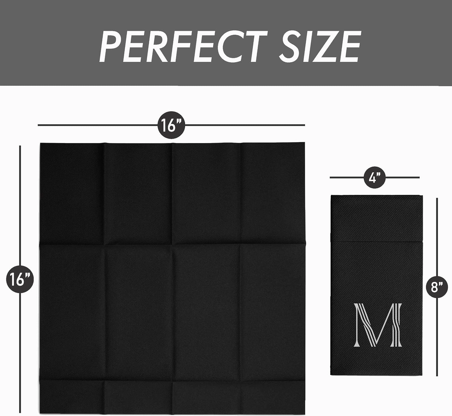 50-Pack Monogrammed Napkins Black With Pocket For Flatware, 16" x 16" Silver Foil Letter T Disposable Linen-Feel Napkins, Prefolded Silverware Pocket Napkins For wedding, Party Or Baby Shower