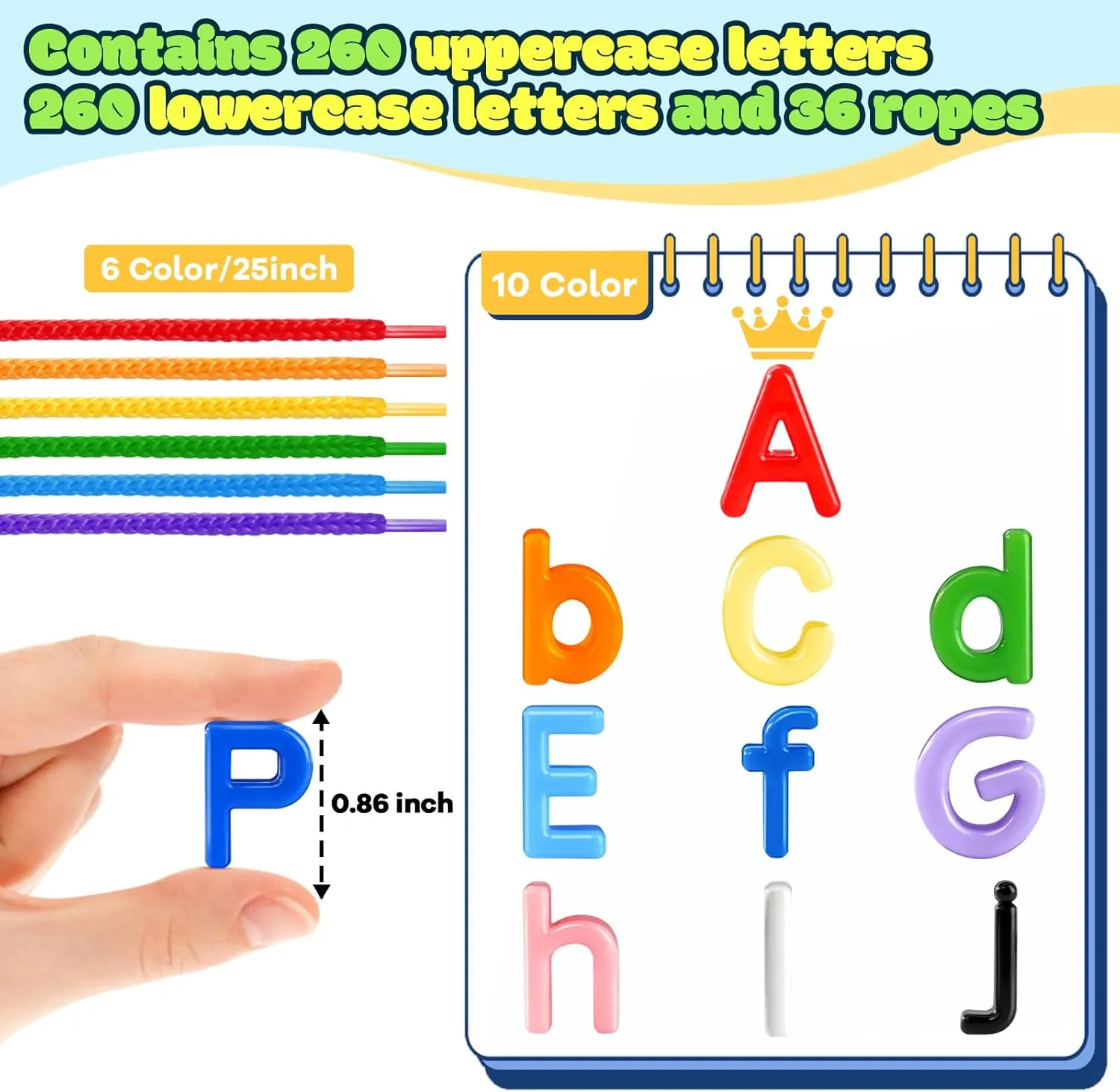 556 Pcs Lacing Letters Beads, Uppercase and Lowercase Alphabet Learning Toys, 10 Color Rainbow Alphabet Beads with 36 Laces, Preschool & Home Educational Toy for Kids Ages 3 , Back to School Supplies